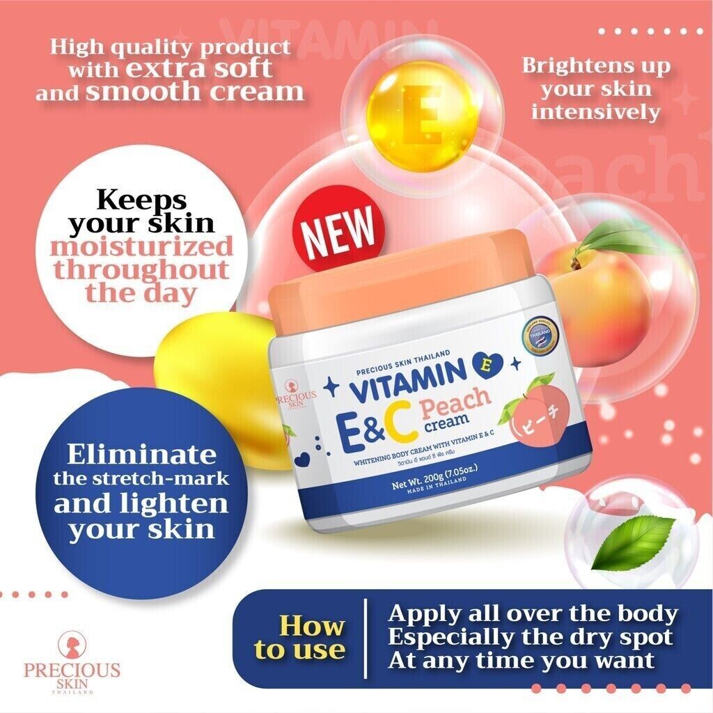 Precious Skin Thailand Vitamin E&C Peach body cream formula for clear skin 200g