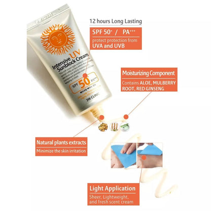 3W CLINIC Intensive UV Sunblock Cream SPF50 PA+++ 70ML/ Makeup Base/ Korean